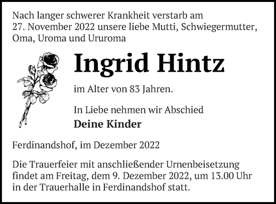 Traueranzeige von Ingrid Hintz von Haff-Zeitung