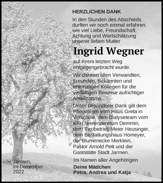 Traueranzeige von Ingrid Wegner von Vorpommern Kurier