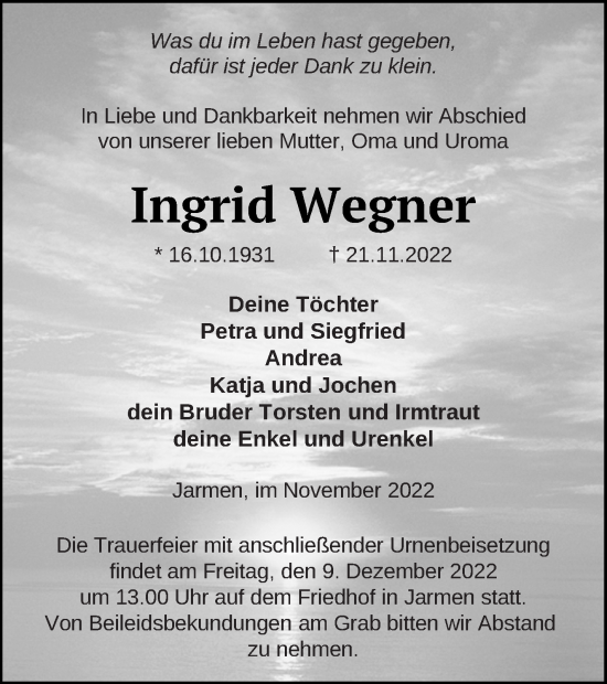 Traueranzeige von Ingrid Wegner von Vorpommern Kurier