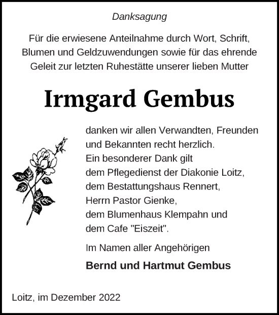 Traueranzeige von Irmgard Gembus von Vorpommern Kurier