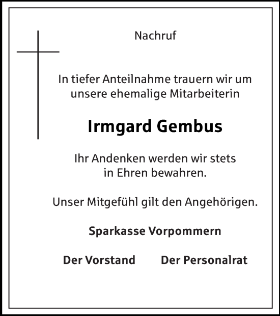 Traueranzeige von Irmgard Gembus von Vorpommern Kurier