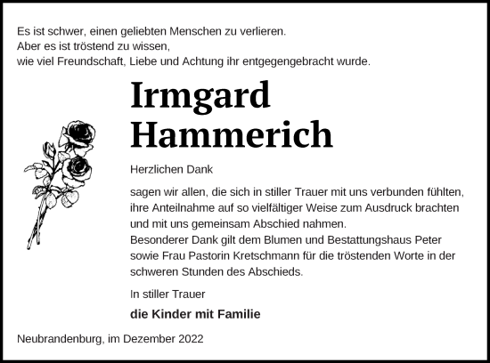 Traueranzeige von Irmgard Hammerich von Neubrandenburger Zeitung