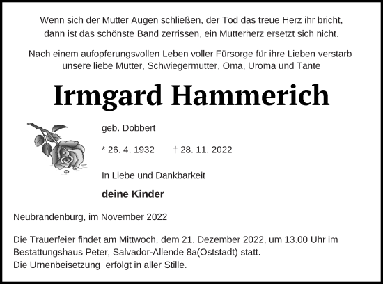 Traueranzeige von Irmgard Hammerich von Neubrandenburger Zeitung