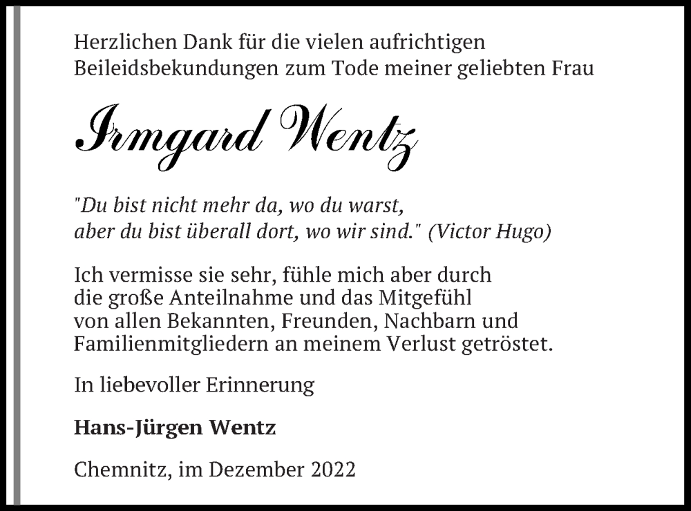  Traueranzeige für Irmgard Wentz vom 10.12.2022 aus Neubrandenburger Zeitung