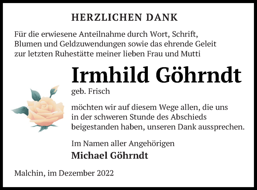  Traueranzeige für Irmhild Göhrndt vom 08.12.2022 aus Mecklenburger Schweiz