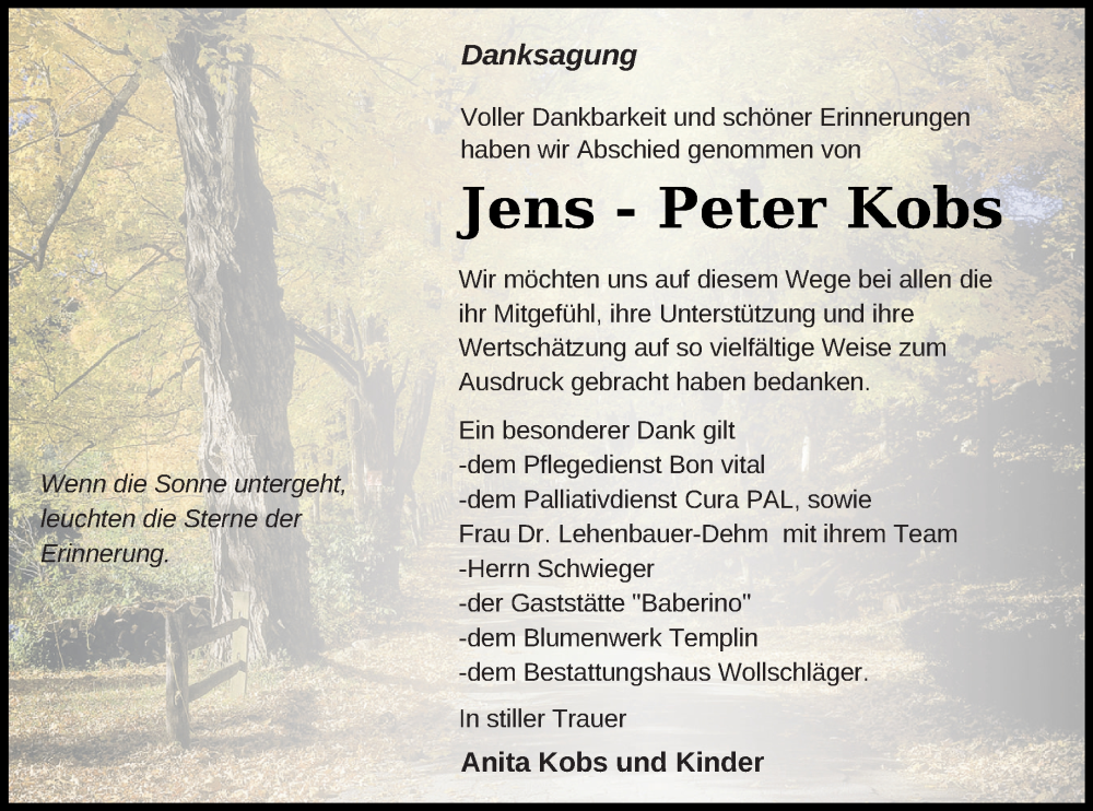  Traueranzeige für Jens-Peter Kobs vom 10.12.2022 aus Templiner Zeitung