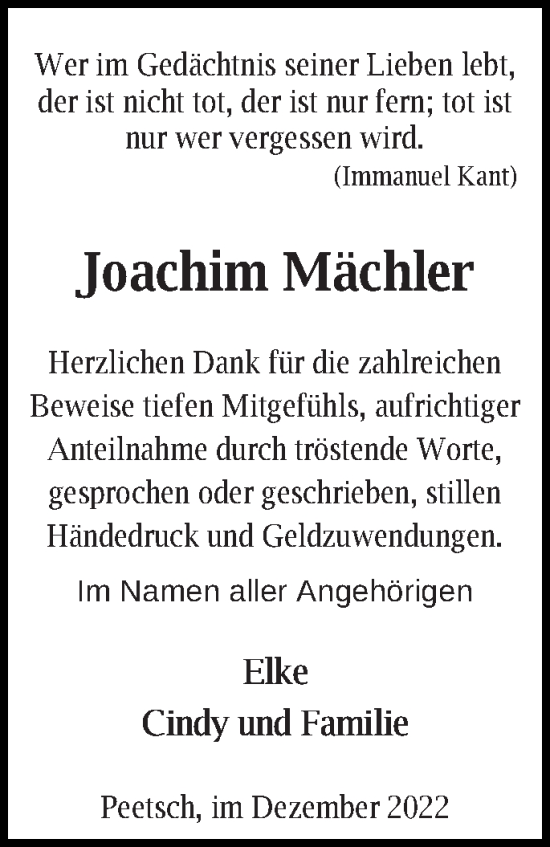 Traueranzeige von Joachim Mächler von Strelitzer Zeitung