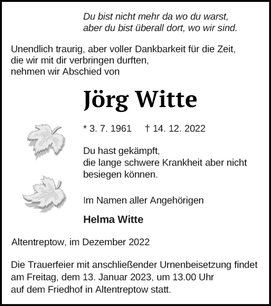 Traueranzeige von Jörg Witte von Neubrandenburger Zeitung