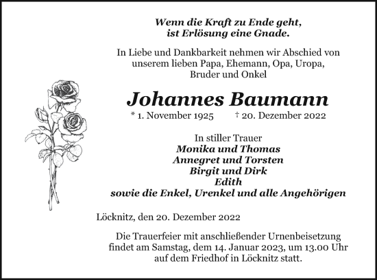 Traueranzeige von Johannes Baumann von Pasewalker Zeitung