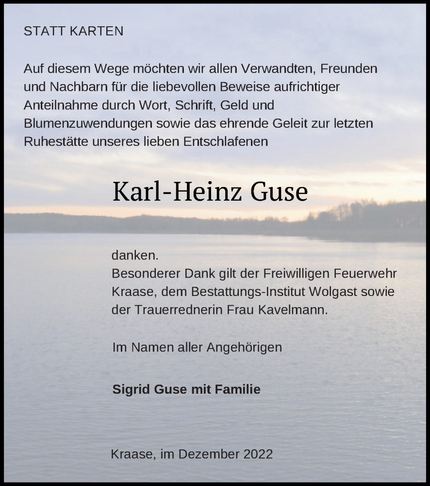  Traueranzeige für Karl-Heinz Guse vom 17.12.2022 aus Müritz-Zeitung