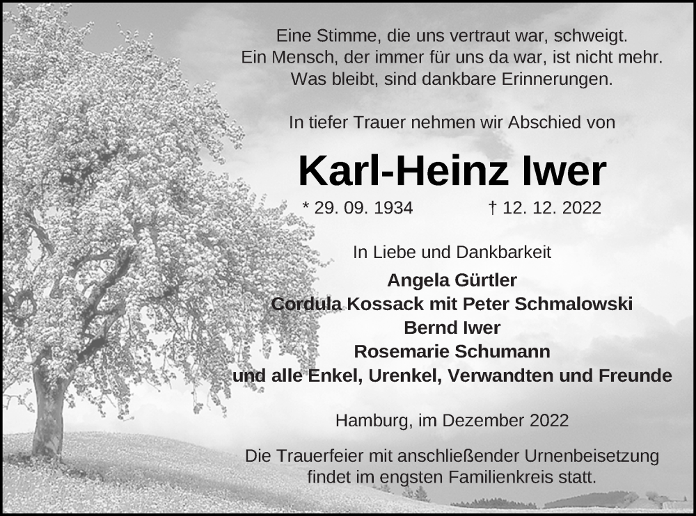  Traueranzeige für Karl-Heinz Iwer vom 17.12.2022 aus Demminer Zeitung