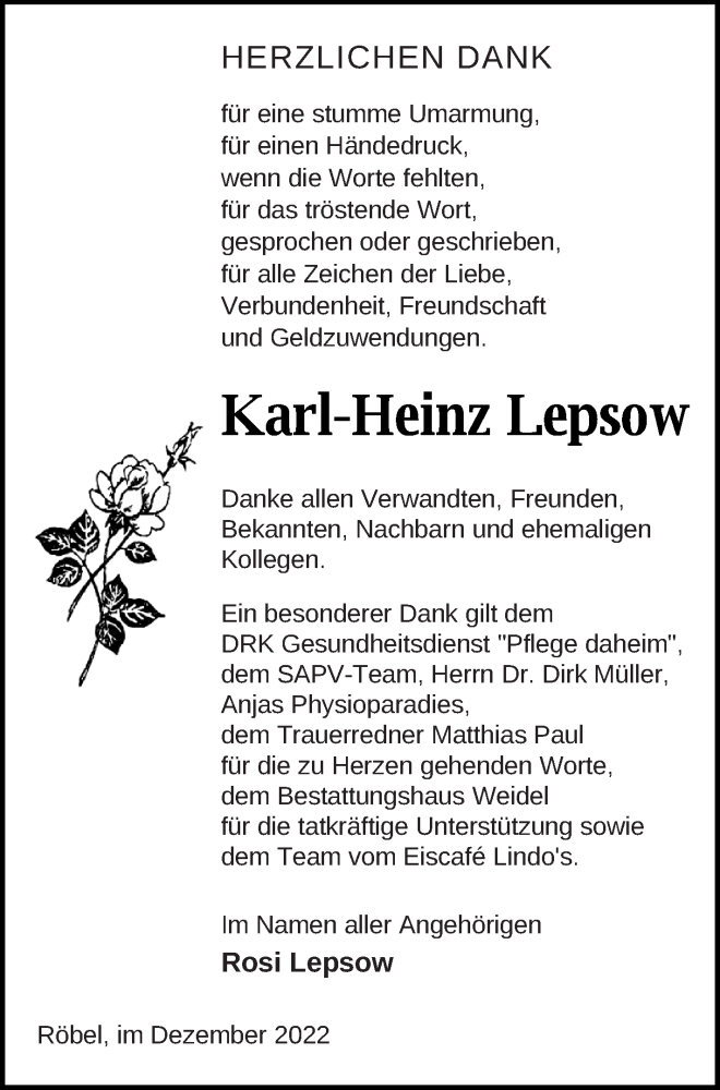  Traueranzeige für Karl-Heinz Lepsow vom 09.12.2022 aus Müritz-Zeitung