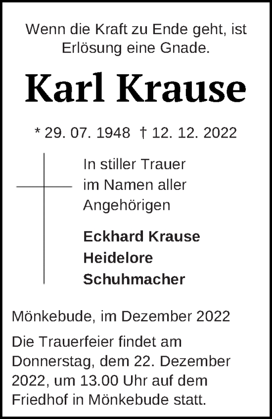 Traueranzeige von Karl Krause von Haff-Zeitung