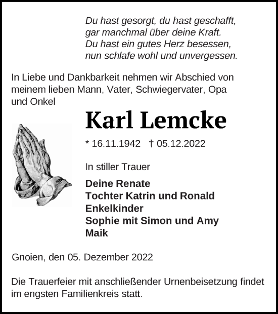 Traueranzeige von Karl Lemcke von Mecklenburger Schweiz