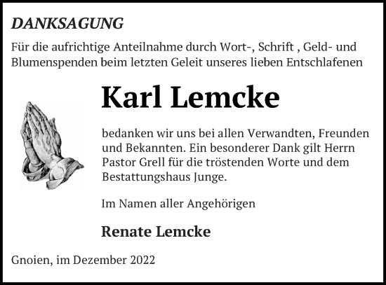 Traueranzeige von Karl Lemcke von Mecklenburger Schweiz