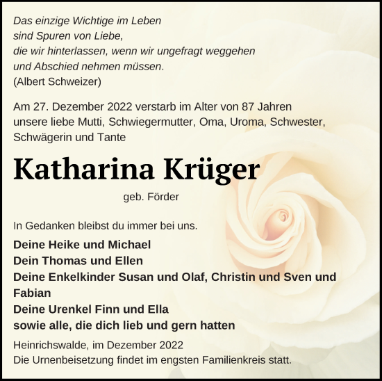 Traueranzeige von Katharina Krüger von Haff-Zeitung