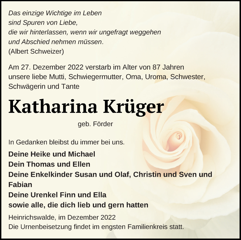 Traueranzeige für Katharina Krüger vom 31.12.2022 aus Haff-Zeitung