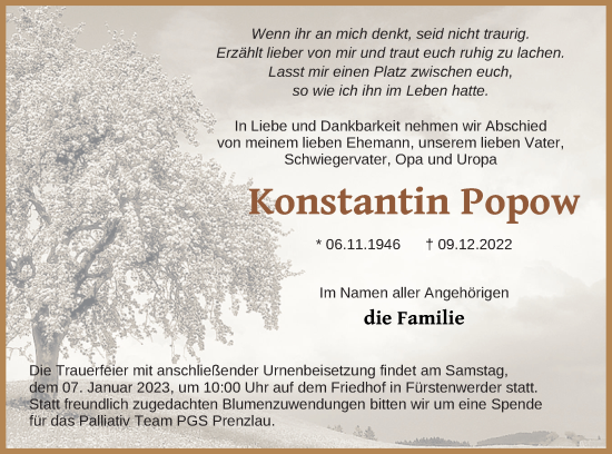 Traueranzeige von Konstantin Popow von Prenzlauer Zeitung