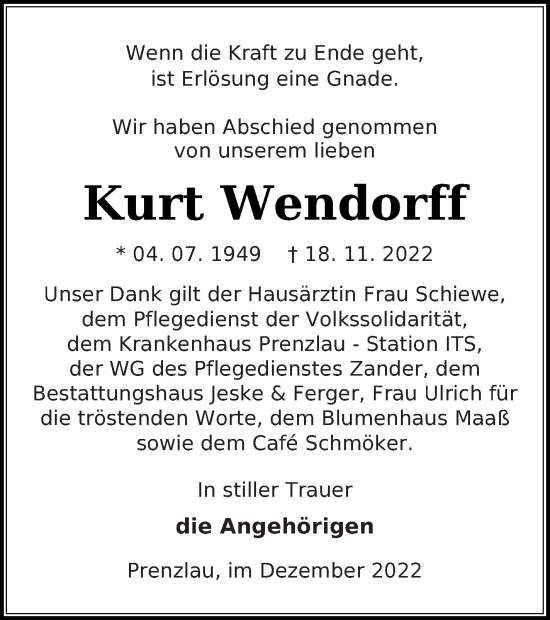 Traueranzeige von Kurt Wendorff von Prenzlauer Zeitung