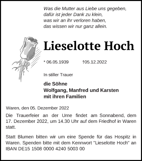 Traueranzeige von Lieselotte Hoch von Müritz-Zeitung