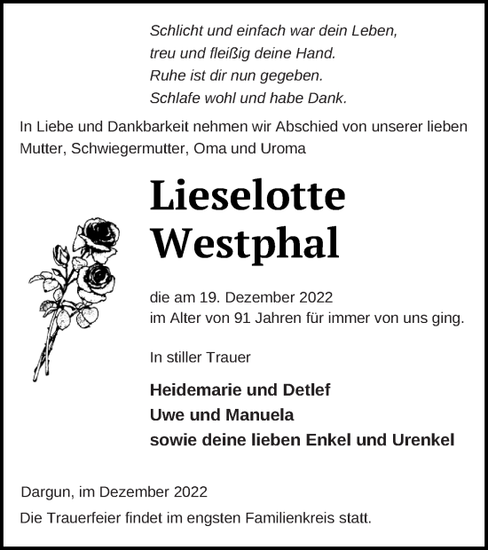 Traueranzeige von Lieselotte Westphal von Mecklenburger Schweiz