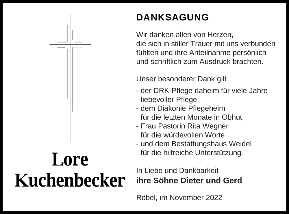  Traueranzeige für Lore Kuchenbecker vom 02.12.2022 aus Müritz-Zeitung