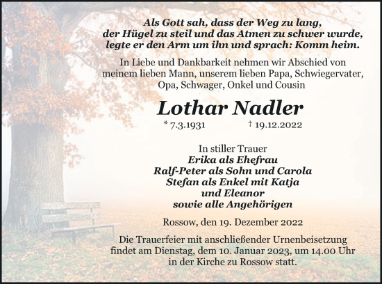 Traueranzeige von Lothar Nadler von Pasewalker Zeitung