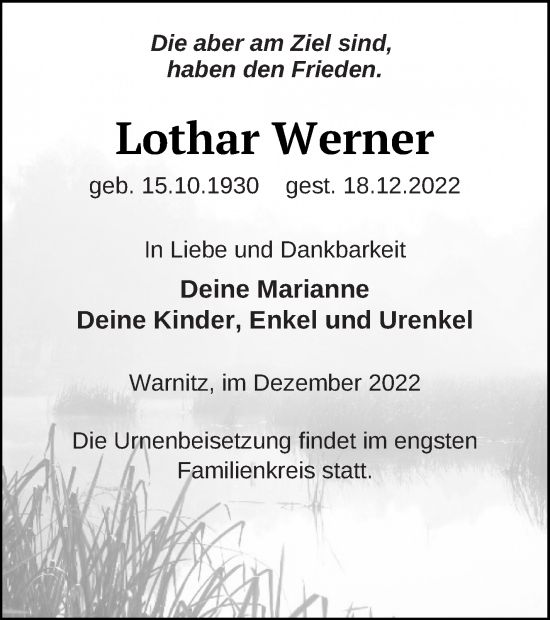 Traueranzeige von Lothar Werner von Prenzlauer Zeitung