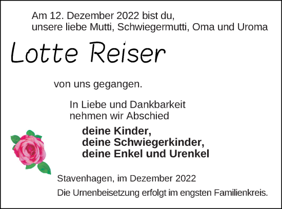 Traueranzeige von Lotte Reiser von Mecklenburger Schweiz