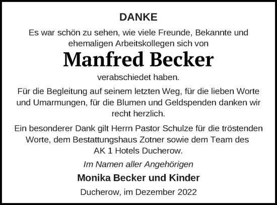 Traueranzeige von Manfred Becker von Vorpommern Kurier