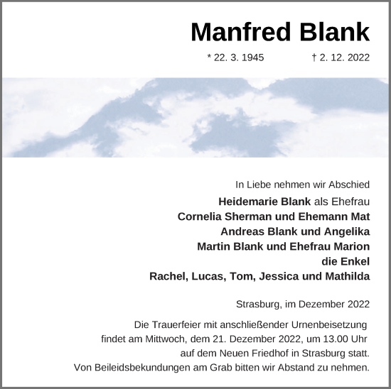 Traueranzeige von Manfred Blank von Pasewalker Zeitung