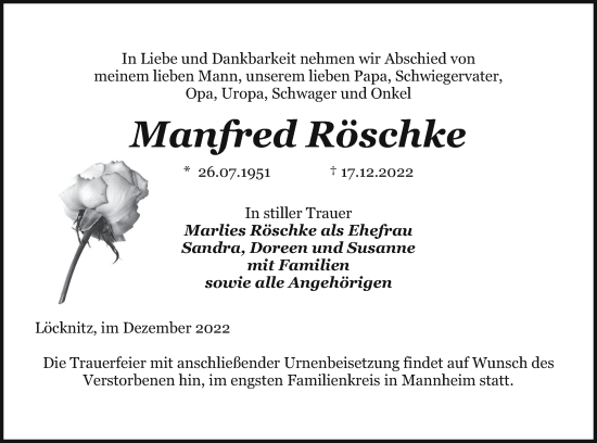 Traueranzeige von Manfred Röschke von Pasewalker Zeitung