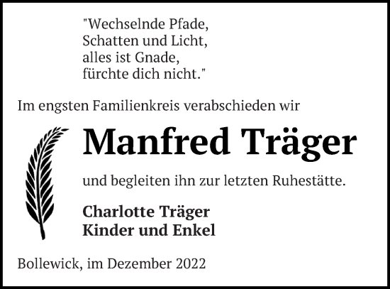 Traueranzeige von Manfred Träger von Müritz-Zeitung