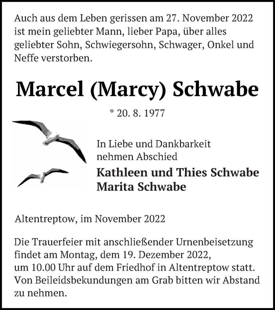  Traueranzeige für Marcel Schwabe vom 02.12.2022 aus Neubrandenburger Zeitung