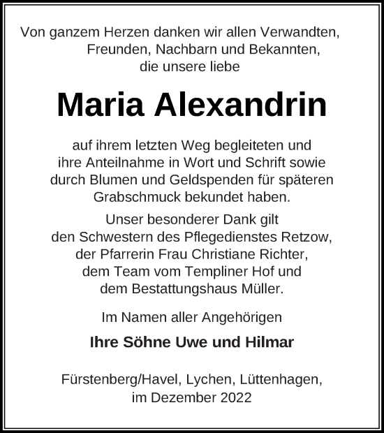 Traueranzeige von Maria Alexandrin von Templiner Zeitung