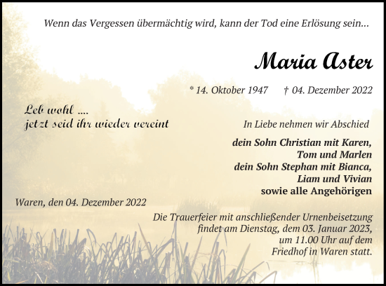 Traueranzeige von Maria Aster von Müritz-Zeitung