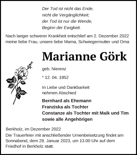 Traueranzeige von Marianne Görk von Templiner Zeitung