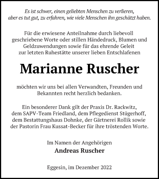 Traueranzeige von Marianne Ruscher von Haff-Zeitung