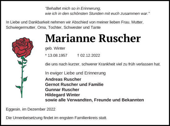 Traueranzeige von Marianne Ruscher von Haff-Zeitung