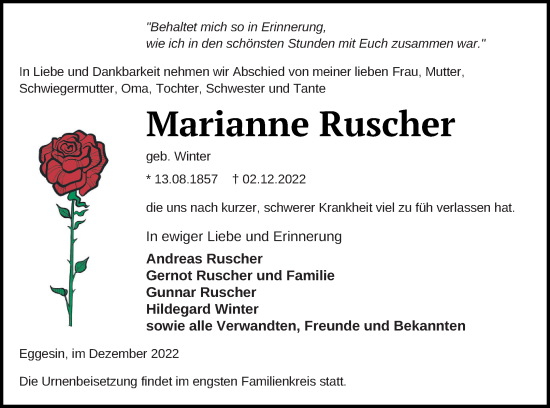 Traueranzeige von Marianne Ruscher von Haff-Zeitung