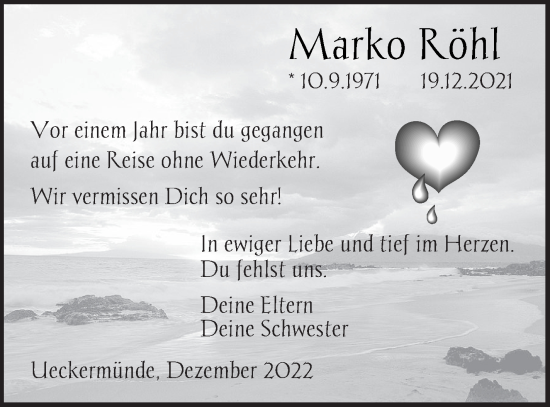 Traueranzeige von Marko Röhl von Haff-Zeitung