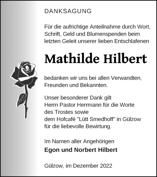 Traueranzeige von Mathilde Hilbert von Mecklenburger Schweiz