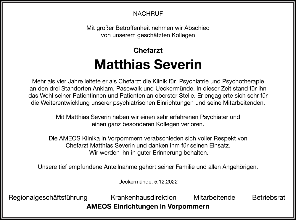  Traueranzeige für Matthias Severin vom 09.12.2022 aus Vorpommern Kurier