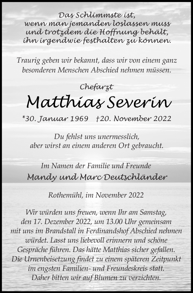  Traueranzeige für Matthias Severin vom 03.12.2022 aus Haff-Zeitung