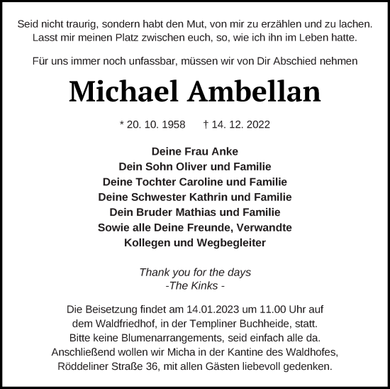 Traueranzeige von Michael Ambellan von Templiner Zeitung