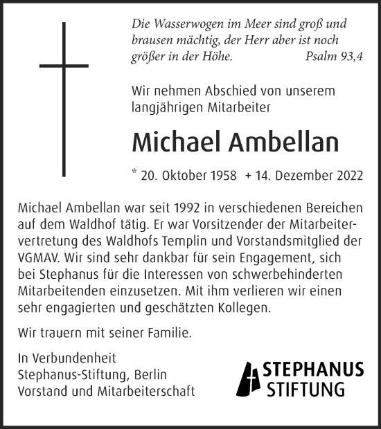 Traueranzeige von Michael Ambellan von Uckermark Kombination