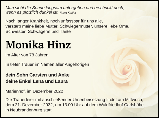 Traueranzeige von Monika Hinz von Neubrandenburger Zeitung