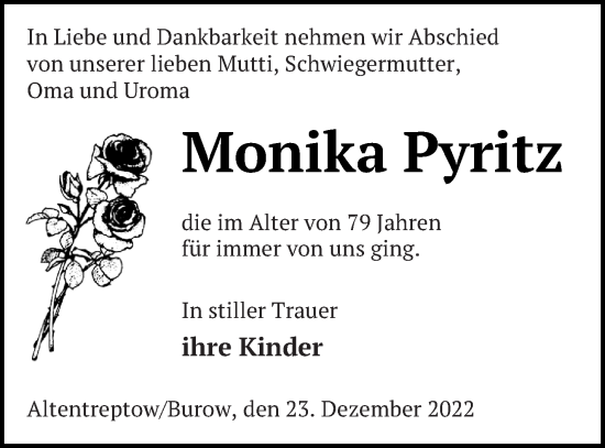 Traueranzeige von Monika Pyritz von Neubrandenburger Zeitung