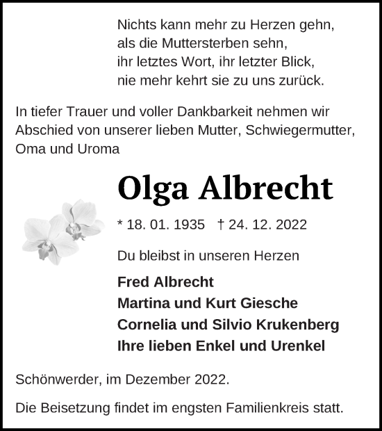 Traueranzeige von Olga Albrecht von Prenzlauer Zeitung