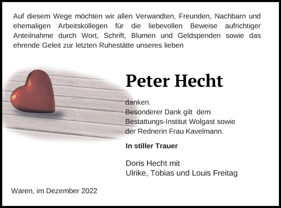 Traueranzeige von Peter Hecht von Müritz-Zeitung